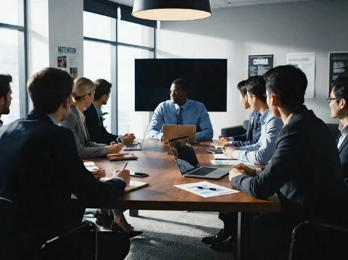 A diverse group of eight professionally dressed businesspeople—men and women of various ethnicities—sit around a long wooden conference table in a modern office meeting room. A Black man in a light blue shirt and tie appears to be leading the discussion from the head of the table, with an open laptop in front of him. Others take notes on laptops, tablets, or paper, with documents and charts visible. Large windows provide natural light, a large blank screen is mounted on the wall behind the presenter, motivational posters hang on the side walls, and a pendant light illuminates the table.